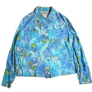 Vtg 1990s Keren Hart Blue Green Floral Print Beaded Button Up Cotton Jacket M